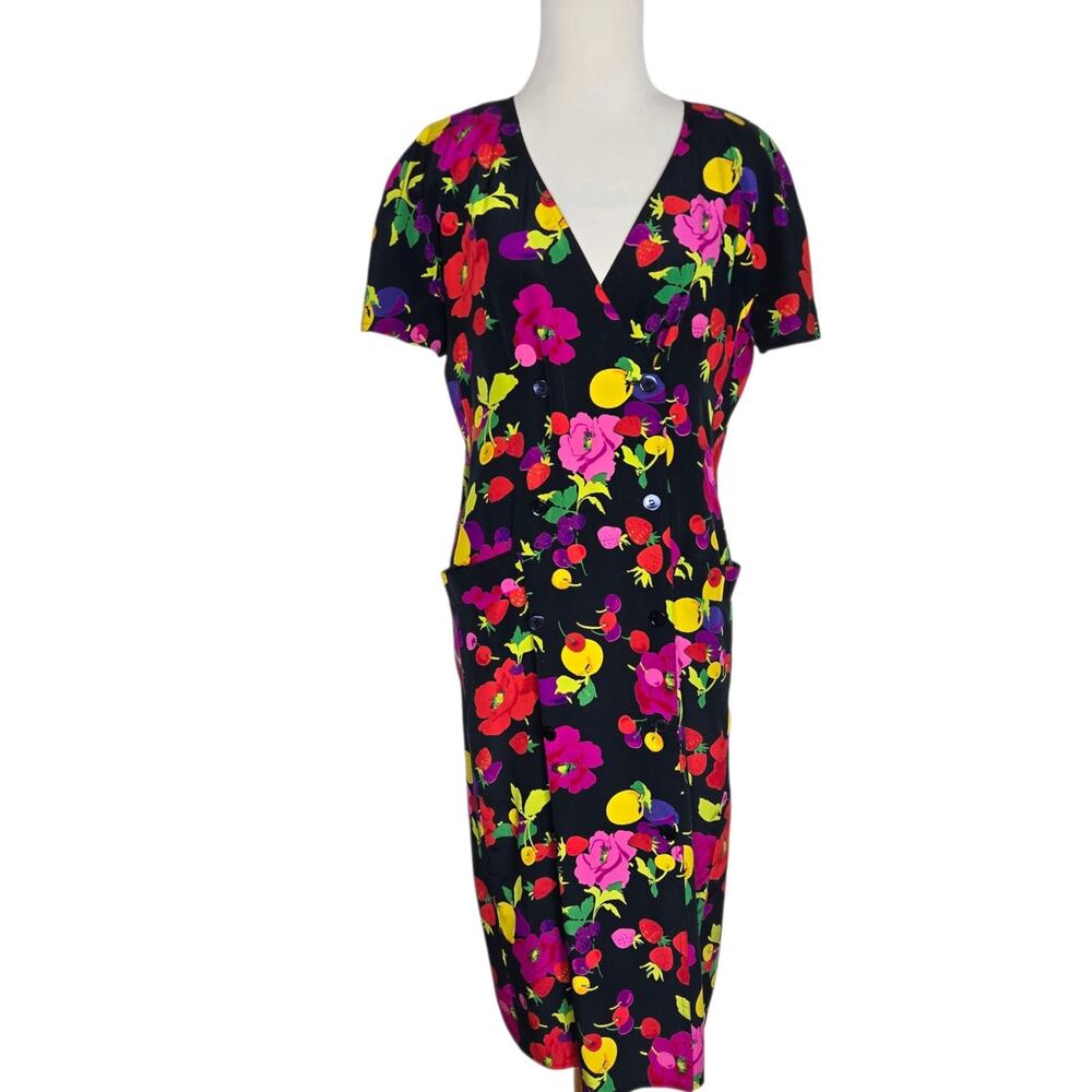 Rare Vintage 80s Gucci Silk Fruit Print Shirt Dress Double Breasted Italian 40